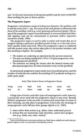 154 CHAPTER 7
ture. To thisend, instruction in the present perfect maybe moreworthwhile
than teaching the past or future perfect.
The Progressive Aspect
Progressive verb phrases consist of at least twoelements: the auxiliary verb
be and the main verb + -ing.The tense of the verb phrase isreflected in the
form of the auxiliaryverb (e.g., is/are [present] and was/were [past]). The us-
age of the progressive aspect is predominately in conversational and infor-
mal registers and can be encountered in personal and/or expressive
narratives (Chafe, 1994).
The progressive aspect is used to refer to action and events that are in
progress during a particular specified period of time or at the time of an-
other specific action and event. When the progressive aspect is combined
with the present tense, the activity takes place at the present moment, and
this meaning is implicit. For example,
• The students areconducting an experiment [at the present moment]
• The water wasboiling steadily from 1:05to 1:10 [past progressive; time
duration/period specified]
• The technician was mixing the solvents when the chemical reaction took
place [past progressive; the time ofanother event overtlyspecified]
Asmentioned, progressive tenses rarely occur in academic prose, and the
number ofverbs that are useful in the teaching of L2 academic writingisac-
tually quite small.
Verbs That Tend to Occur in Progressive Tenses
bring carry hold lock move stand wait
buy do listen make say take watch
A large classof stative and other types of nonprogressive verbs, however,
is practically never used with the progressive aspect in any tense. Broadly
defined, progressive verbs can refer to actions and events that, by virtue of
their meaning, can take place in progression. Conversely,the meanings of
nonprogressive verbs fall into three groups (Quirk et al., 1985):
1. states rather than actions (e.g., believe, know, understand, possess)
2. actions that are momentary (and, therefore, cannot have progres-
sion [e.g., doubt, note, notice, realize])1
'Some verbs that denote momentaryactions (e.g., blink, bounce, explode) are used in the pro-
gressive aspect to refer to a succession of momentary actions.
TLFeBOOK
 