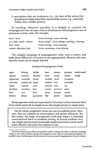 TEACHING VERB TENSES ANDVOICE 155
3. perceptions that are involuntary (i.e., the doer of the action [the
grammatical subject]has little control of the action; e.g., consist [of],
contain, hear, resemble, perceive)
In teaching, whenever possible, it is helpful to contrast the
nonprogressive uses of some verbs in formal prose with progressive uses of
proximate activity verbs. For example,
know—learn *is/was knowing—is/was learning
see—look—watch—observe *is/was seeing —is/was looking—watching—observing
hear—listen *is/was fiearing—is/was listening
contain—place/put (into) *is/was containing—is/was placing
The complex meanings of nonprogressive verbs, such as stative, may
make them difficult for L2 writers to use appropriately. However, the com-
mon few items can be simply learned.
Common Non-progressive Verbs
agree belong dislike have matter promise understand
appear concern dissolve hear mean realize weigh
appreciate conclude doubt include need recognize
associate consist (of) equal initiate owe resemble
attain contain exist interest own see
attribute correlate fear invent perceive seem
base cost find know possess sound
believe desire guarantee like prefer surprise
Nonprogressive verbs are important for L2writers to knowbecause these
items can be used only in simple tenses (the simple present or simple past).
On the whole, progressive tenses are rare in academic prose. How-
ever, they are common in conversations and spoken discourse. For
this reason, the usage of progressive verbs may impart a somewhat
conversational flavor to academic writing. In formal academic writ-
ing, simple present (and occasionallysimple past) tenses can be much
more effective and easier for students to use.
2
In such constructions as Mary isseeingJohn orJohn isseeing a new doctor, seehas the meanings
of date or visit, both of which can take the progressive tense. Also in conversational register, it is
possible to say, lam hearingyou.Such structures, however, maybe inappropriate in most contexts.
TLFeBOOK
 