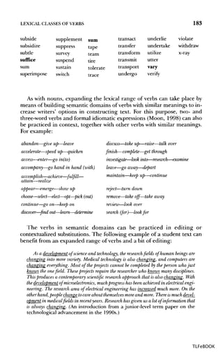 LEXICAL CLASSES OF VERBS 183
subside supplement sum transact underlie violate
subsidize suppress tape transfer undertake withdraw
subtle survey team transform utilize x-ray
suffice suspend tire transmit utter
sum sustain tolerate transport vary
superimpose switch trace undergo verify
As with nouns, expanding the lexical range of verbs can take place by
means of building semantic domains of verbs with similar meanings to in-
crease writers' options in constructing text. For this purpose, two- and
three-word verbs and formal idiomatic expressions (Moon, 1998) can also
be practiced in context, together with other verbs with similar meanings.
For example:
abandon—give up—leave discuss—take up—raise—talk over
accelerate—speed up—quicken finish—complete—get through
access—enter—go in(to) investigate—look into—research—examine
accompany—go hand in hand (with) leave—go away—depart
accomplish—achieve—fulfill— maintain—keep up—continue
attain—realize
appear—emerge—show up reject—turn down
choose—select—elect—opt—pick (out) remove—take off-—take away
continue—go on—keep on review—look over
discover—find out—learn—determine search (for)—look for
The verbs in semantic domains can be practiced in editing or
contextualized substitutions. The following example of a student text can
benefit from an expanded range of verbs and a bit of editing:
As a development of science and technology, the research fields of human beings are
changing into more variety. Medical technology is also changing, and computers are
changing everything. Most of the projects cannot be completed by the person whojust
knows the one field. These projects require the researcher who knows many disciplines.
This produces a contemporary scientific research approach that is also changing. With
the development of microelectronics, muchprogress has been achieved in electrical engi-
neering. The research area of electrical engineering has increased much more. On the
other hand,people change to care about themselves moreand more. There ismuch devel-
opment in medical fields in recentyears. Research has given us a lot of information that
is always changing. (An introduction from a junior-level term paper on the
technological advancement in the 1990s.)
TLFeBOOK
 