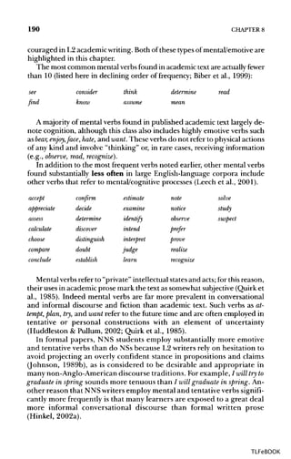 190 CHAPTER 8
couraged in L2 academic writing.Both of these types of mental/emotive are
highlighted in this chapter.
The most common mental verbs found in academic text are actually fewer
than 10 (listed here in declining order of frequency; Biber et al., 1999):
see consider think determine read
find know assume mean
A majority of mental verbs found in published academic text largely de-
note cognition, although this class also includes highly emotive verbs such
as bear, enjoy, face, hate, and want.These verbs do not refer to physicalactions
of any kind and involve "thinking" or, in rare cases, receiving information
(e.g., observe, read, recognize).
In addition to the most frequent verbs noted earlier, other mental verbs
found substantially less often in large English-language corpora include
other verbs that refer to mental/cognitive processes (Leech et al., 2001).
accept confirm estimate note solve
appreciate decide examine notice study
assess determine identify observe suspect
calculate discover intend prefer
choose distinguish interpret prove
compare doubt judge realize
conclude establish learn recognize
Mentalverbs refer to "private" intellectual statesand acts; for this reason,
their uses in academic prose mark the text as somewhat subjective(Quirk et
al., 1985). Indeed mental verbs are far more prevalent in conversational
and informal discourse and fiction than academic text. Such verbs as at-
tempt, plan, try,and want refer to the future time and are often employed in
tentative or personal constructions with an element of uncertainty
(Huddleston & Pullum, 2002; Quirk et al., 1985).
In formal papers, NNS students employ substantially more emotive
and tentative verbs than do NSs because L2 writers rely on hesitation to
avoid projecting an overly confident stance in propositions and claims
(Johnson, 1989b), as is considered to be desirable and appropriate in
many non-Anglo-American discourse traditions. For example, / will try to
graduate in spring sounds more tenuous than I will graduate in spring. An-
other reason that NNSwriters employ mental and tentative verbs signifi-
cantly more frequently is that many learners are exposed to a great deal
more informal conversational discourse than formal written prose
(Hinkel, 2002a).
TLFeBOOK
 