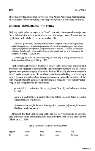 192 CHAPTER8
of formal written discourse in various non-Anglo-American rhetorical tra-
ditions, seem to be distracting. Seechap. 6 on pronoun functions and uses.)
LINKING (BEING/BECOMING) VERBS
Linking verbs refer to a syntactic "link" that exists between the subject on
the left-hand side of the verb phrase and the subject complement on the
right-hand side of the verb (see also chap. 3):
Deviance is_universal; however,eachsociety has a different view of what is_ deviant,
and it changesfrom generation togeneration. Even when it might appear that almost
all societies agreeon somegeneral category of action as deviant..., careful examination
will show that they differ in their definitions of what specific actsare to beincluded in the
category. (Charon, 1999, p. 145)
Symbols are the basicsfor human thinking, and thinking in turn is_basic to what we
do in situations (Charon, 1999, p. 173)
In these texts, the subject deviance is linked to the adjectives universal and
deviant or the subject it isconnected to the complement clause that all societies
agree on some general category of action as deviant. Similarly, the noun symbols is
linked to the complement phrase thebasicsfor human thinking, and thinkingis
linked to basic to what we do in situations.In many cases, the function of the
verb becan be taught as subject approximately equal to (~) or directly refer-
ring to the complement. For example:
Jane istall (i.e., tall refers directly to Jane). One ofJane's characteristics
(*) tall.
John is a student (i.e., a student directly refers to John). One of John's
characteristics (~) student.
Symbols are basics for human thinking (i.e., symbols [~] basics for human
thinking, and vice versa).
Although the fact that linking verbs are not very numerous in English,
they are by far more predominant in academic text than in any other genre
(Biber et al., 1999).
Highly Common Academic Linking Verbs
appear become keep remain stay
be grow prove seem turn out
TLFeBOOK
 