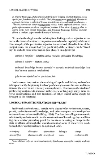 LEXICAL CLASSES OF VERBS 195
in generalknowledge. But when knowledge is_more complex, scientists begin to choose
special partfrom knowledge as a whole. Theirjobs become more specialized. This special
approach in science is_important because scientists can accurately makeconclusions....
The new approach in research is_important because by this approach scientists can ex-
plain a phenomenonor solve a complicated problem. When science is_mature,thenre-
search needs more special knowledge, and technical knowledge becomes essential.
(From a student paper on the history of science.)
To deal with a high number of simplistic linkingverb + adjectivestruc-
tures, the issue of sentence compactness needs to be explicitly addressed.
For example, if the predicative adjective is moved and placed in front of the
subject noun, the second half (the predicate) of the sentence can be "freed
up" to include more information (see chap. 9 on adjectives).
science is complex -> complex science (requires specialized knowledge)
science is mature —>• mature science
technical knowledge becomes essential -> essential technical knowledge (can
lead to more accurate conclusions)
jobs become specialized —> specialized jobs
In classroom instruction, the teaching of copula and linkingverbs often
takes place at the beginning levelsof proficiency because the uses and func-
tions of these verbs are relativelyuncomplicated. However, as the students'
proficiency continues to increase in the course of language study, more di-
verse constructions and text functions of other lexical verbs should be
brought to the forefront.
LOGICAL-SEMANTIC RELATIONSHIP VERBS3
In formal academic texts, certain verb classes refer to concepts, causes,
proofs, embodiments of knowledge, and other complex relationships be-
tween actions and events (Halliday, 1994). The function of logical-semantic
relationship verbs is to refer to the construction of knowledge by establish-
ing cause and/or providing proof for events or denoting a change in the
state of affairs. Although the lexical content of some of these verbs is ad-
vanced, their contextual uses do not need to be.
accompany allow (for) approximate belong to change
account (for) alternate(with) arise (from) cause combine (with)
3
Some of these verbs are mentioned earlier in this chapter among the essential academic
verbs.
TLFeBOOK
 