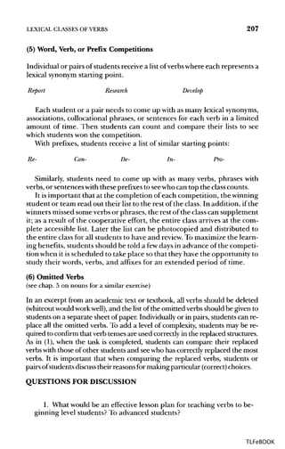 LEXICAL CLASSES OF VERBS 207
(5) Word, Verb, or Prefix Competitions
Individual or pairs of students receive a list ofverbs where each represents a
lexical synonym starting point.
Report Research Develop
Each student or a pair needs to come up with as many lexical synonyms,
associations, collocational phrases, or sentences for each verb in a limited
amount of time. Then students can count and compare their lists to see
which students won the competition.
With prefixes, students receive a list of similar starting points:
Re- Con- De- In- Pro-
Similarly, students need to come up with as many verbs, phrases with
verbs, or sentences with these prefixes to seewho can top the classcounts.
It is important that at the completion of each competition, the winning
student or team read out their list to the rest of the class. In addition, if the
winners missed some verbs or phrases, the rest of the class can supplement
it; as a result of the cooperative effort, the entire class arrives at the com-
plete accessible list. Later the list can be photocopied and distributed to
the entire class for all students to have and review.To maximize the learn-
ing benefits, students should be told a fewdays in advance of the competi-
tion when it is scheduled to take place so that they have the opportunity to
study their words, verbs, and affixes for an extended period of time.
(6) Omitted Verbs
(see chap. 5 on nouns for a similar exercise)
In an excerpt from an academic text or textbook, all verbs should be deleted
(whiteoutwouldworkwell), and the list of the omitted verbs should be given to
students on a separate sheet of paper. Individuallyor in pairs, students can re-
place all the omitted verbs. To add a level of complexity, students may be re-
quired to confirm that verb tenses are used correctlyin the replaced structures.
As in (1),when the task is completed, students can compare their replaced
verbs with those of other students and seewho has correctly replaced the most
verbs. It is important that when comparing the replaced verbs, students or
pairs ofstudentsdiscusstheir reasons for makingparticular (correct) choices.
QUESTIONS FOR DISCUSSION
1. What would be an effective lesson plan for teaching verbs to be-
ginning level students? To advanced students?
TLFeBOOK
 