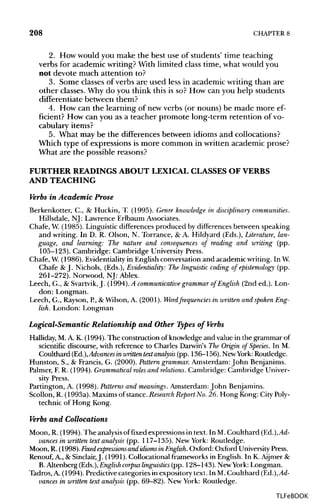 208 CHAPTER 8
2. How would you make the best use of students' time teaching
verbs for academic writing?With limited class time, what would you
not devote much attention to?
3. Some classes of verbs are used less in academic writing than are
other classes. Why do you think this is so? How can you help students
differentiate between them?
4. How can the learning of new verbs (or nouns) be made more ef-
ficient? How can you as a teacher promote long-term retention of vo-
cabulary items?
5. What may be the differences between idioms and collocations?
Which type of expressions is more common in written academic prose?
What are the possible reasons?
FURTHER READINGS ABOUT LEXICALCLASSES OFVERBS
AND TEACHING
Verbs in Academic Prose
Berkenkotter, C., & Huckin, T. (1995). Genre knowledge in disciplinary communities.
Hillsdale, NJ: Lawrence Erlbaum Associates.
Chafe, W.(1985). Linguistic differences produced by differences between speaking
and writing. In D. R. Olson, N. Torrance, & A. Hildyard (Eds.), Literature, lan-
guage, and learning: The nature and consequences of reading and writing (pp.
105-123). Cambridge: Cambridge University Press.
Chafe, W.(1986). Evidentiality in English conversation and academic writing. In W.
Chafe &J. Nichols, (Eds.), Evidentiality: The linguistic coding of epistemology (pp.
261-272). Norwood, NJ: Ablex.
Leech, G., & Svartvik, J. (1994). A communicative grammar of English (2nd ed.). Lon-
don: Longman.
Leech, G., Rayson, P.,&Wilson, A. (2001). Word frequencies in written and spoken Eng-
lish. London: Longman
Logical-Semantic Relationship and Other Types of Verbs
Halliday, M.A. K. (1994). The construction of knowledge and value in the grammar of
scientific discourse, with reference to Charles Darwin's The Origin of Species. In M.
Coulthard (Ed.),Advances in written text analysis (pp. 136-156). NewYork: Routledge.
Hunston, S., & Francis, G. (2000). Pattern grammar. Amsterdam: John Benjanims.
Palmer, F. R. (1994). Grammatical roles and relations.Cambridge: Cambridge Univer-
sity Press.
Partington, A. (1998). Patterns and meanings. Amsterdam: John Benjamins.
Scollon, R. (1993a). Maxims of stance. Research Report No. 26. Hong Kong: City Poly-
technic of Hong Kong.
Verbs and Collocations
Moon, R. (1994). The analysis of fixed expressions in text. In M.Coulthard (Ed.), Ad-
vances in written text analysis (pp. 117-135). New York: Routledge.
Moon, R. (1998).Fixed expressions and idioms in English.Oxford: Oxford University Press.
Renouf, A., &Sinclair, J. (1991). Collocational frameworks in English. In K.Aijmer &
B.Altenberg (Eds.), Englishcorpus linguistics(pp. 128-143). NewYork: Longman.
Tadros, A. (1994). Predictive categories in expository text. In M. Coulthard (Ed.), Ad-
vances in written text analysis (pp. 69-82). New York: Routledge.
TLFeBOOK
 