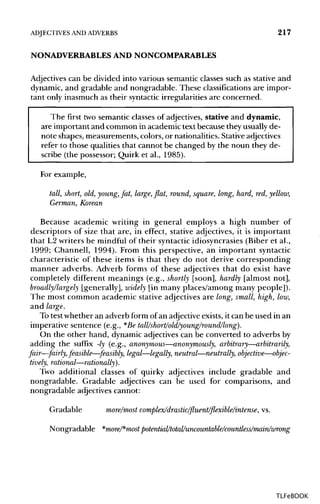 ADJECTIVES AND ADVERBS 217
NONADVERBABLES ANDNONCOMPARABLES
Adjectives can be divided into various semantic classes such as stative and
dynamic, and gradable and nongradable. These classifications are impor-
tant only inasmuch as their syntactic irregularities are concerned.
The first two semantic classes of adjectives, stative and dynamic,
are important and common in academic text because they usually de-
note shapes, measurements, colors, or nationalities. Stative adjectives
refer to those qualities that cannot be changed by the noun they de-
scribe (the possessor; Quirk et al., 1985).
For example,
tall, short, old, young, fat, large, flat, round, square, long, hard, red, yellow,
German, Korean
Because academic writing in general employs a high number of
descriptors of size that are, in effect, stative adjectives, it is important
that L2 writers be mindful of their syntactic idiosyncrasies (Biber et al.,
1999; Channell, 1994). From this perspective, an important syntactic
characteristic of these items is that they do not derive corresponding
manner adverbs. Adverb forms of these adjectives that do exist have
completely different meanings (e.g., shortly [soon], hardly [almost not],
broadly/largely [generally], widely [in many places/among many people]).
The most common academic stative adjectives are long, small, high,low,
and large.
To test whether an adverb form of an adjectiveexists, it can be used in an
imperative sentence (e.g., *Be tall/short/old/young/round/long).
On the other hand, dynamic adjectives can be converted to adverbs by
adding the suffix -ly (e.g., anonymous—anonymously, arbitrary—arbitrarily,
fair—-fairly, feasible—feasibly, legal—legally, neutral—neutrally, objective—objec-
tively, rational—rationally).
Two additional classes of quirky adjectives include gradable and
nongradable. Gradable adjectives can be used for comparisons, and
nongradable adjectives cannot:
Gradable more/most complex/drastic/fluent/flexible/intense, vs.
Nongradable *more/*most potential/total/uncountable/countless/mam/wrong
TLFeBOOK
 