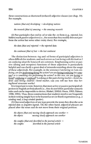 224 CHAPTER 9
these constructions as shortened (reduced) adjective clauses (see chap. 10).
For example,
nations [that are] developing -> developing nations
the research [that is] amazing ->• the amazing research
(2) Past participles that end in -edor take the -en form (e.g., reported, lost,
hidden) mark passive adjectives (i.e., the noun that they modify does not per-
form the action but some other entity does). For example,
the data [that are] reported -> the reported data
the continent [that is] lost -> the lost continent
The distinction between -ing and -edforms of participial adjectives is
often difficult for students, and such errors as 7amboring withthis book or /
am confusing about the homework are common. Emphasizing active or pas-
sive (doing and receptive) functions of these adjectives is particularly
helpful and can clarify a great deal of misunderstanding about the usage
of these adjectivals. For example, in the sentence 7am boring or 7am con-
fusing, areyou performing/doing the action?areyou boring/confusing (to) some-
one? or is something else performing the action? in this case, are you boring or
bored? confusing or confused? Looking at the pairs boring teacher—bored stu-
dents and boring students—bored teacher, can you tell me how this bor-
ing/bored structure works?
It isimportant to note, however,that most activeor passiveparticipial ad-
jectives in English are lexicalized (i.e., they do not follow particular syntactic
rules and can be impossible to derive; Hinkel, 2002d; Owen, 1993; Palmer,
1990, 1994). Thus, those constructions that students need to use frequently
in their writingsimplyhave to be learned as set (or fixed) expressions (e.g.,a
winding road, a long-winded speaker).
(3) One-word adjectivesof any type precede the noun they describe as in
reported data orforgotten legends. On the other hand, adjectival phrases are
placed after the noun and do not move from their original position:
the objects [that are] moving slowly approach one another ->
the objects moving slowly approach one another
the couples [that are] described in thejournal article ->
the couples described in thejournal article
TLFeBOOK
 