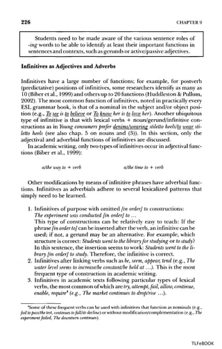 226 CHAPTER 9
Students need to be made aware of the various sentence roles of
-ing words to be able to identify at least their important functions in
sentences and contexts, such as gerunds or active/passive adjectives.
Infinitives as Adjectives and Adverbs
Infinitives have a large number of functions; for example, for postverb
(predictative) positions of infinitives, some researchers identify as many as
10 (Biber et al., 1999) and others up to 20 functions (Huddleston &Pullum,
2002). The most common function of infinitives, noted in practically every
ESL grammar book, is that of a nominal in the subject and/or object posi-
tion (e.g., Tosee_ is to believe or To_know her is to_love her).Another ubiquitous
type of infinitive is that with lexical verbs + noun/gerund/infinitive con-
structions as in Young consumers prefer denims/wearing stiletto heels/to_ wearsti-
letto heels (see also chap. 5 on nouns and (3)). In this section, only the
adjectival and adverbial functions of infinitives are discussed.
In academic writing, only twotypes of infinitives occur in adjectival func-
tions (Biber et al., 1999):
a/the way to + verb a/the time to + verb
Other modifications by means of infinitive phrases have adverbial func-
tions. Infinitives as adverbials adhere to several lexicalized patterns that
simply need to be learned.
1. Infinitives of purpose with omitted [in order] to constructions:
The experiment was conducted fin order] to ...
This type of constructions can be relatively easy to teach: If the
phrase[inorder to]can be inserted after the verb, an infinitive can be
used; if not, a gerund may be an alternative. For example, which
structure is correct: Students went to the library for studying or to study?
In this sentence, the insertion seems to work: Students went totheli-
brary [in order] to study. Therefore, the infinitive is correct.
2. Infinitives after linking verbs such as be,seem, appear, tend (e.g., The
water level seems to increase/be constant/be held at...). This is the most
frequent type of construction in academic writing.
3. Infinitives in academic texts following particular types of lexical
verbs, the most common ofwhich are try, attempt,fail, allow, continue,
enable, require4
(e.g., The market continues to drop/rise ...).
4
Some of these frequent verbs can be used with infinitives that function as nominals (e.g.,
fail topass/the test, continues tofall/its decline) or without modification/complementation (e.g., The
experiment failed, The downturn continues).
TLFeBOOK
 