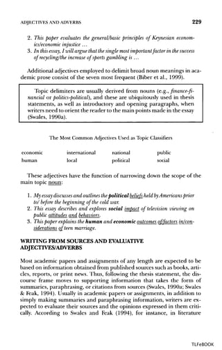 ADJECTIVES ANDADVERBS 229
2. This paper evaluates the general/basic principles of Keynesian econom-
ics/economic injustice ...
3. In this essay, I will argue that the single most important factor in the success
of recycling/the increase of sports gambling is ...
Additional adjectivesemployed to delimit broad noun meanings in aca-
demic prose consist of the seven most frequent (Biber et al., 1999).
Topic delimiters are usually derived from nouns (e.g., finance-fi-
nancial or politics-political), and these are ubiquitously used in thesis
statements, as well as introductory and opening paragraphs, when
writers need to orient the reader to the main points made in theessay
(Swales, 1990a).
The Most Common Adjectives Used as Topic Classifiers
economic international national public
human local political social
These adjectives have the function of narrowing down the scope of the
main topic noun:
1. My essay discussesand outlines thepolitical beliefs held byAmericans prior
to/ before the beginning of the cold war.
2. This essay describes and explores social impact of television viewing on
public attitudes and behaviors.
3. This paper explains the human and economic outcomes of/factors in/con-
siderations of teen marriage.
WRITING FROM SOURCES AND EVALUATIVE
ADJECTIVES/ADVERBS
Most academic papers and assignments of any length are expected to be
based on information obtained from published sources such as books, arti-
cles, reports, or print news. Thus, following the thesis statement, the dis-
course frame moves to supporting information that takes the form of
summaries, paraphrasing, or citations from sources (Swales, 1990a;Swales
& Feak, 1994). Usually in academic papers or assignments, in addition to
simply making summaries and paraphrasing information, writers are ex-
pected to evaluate their sources and the opinions expressed in them criti-
cally. According to Swales and Feak (1994), for instance, in literature
TLFeBOOK
 