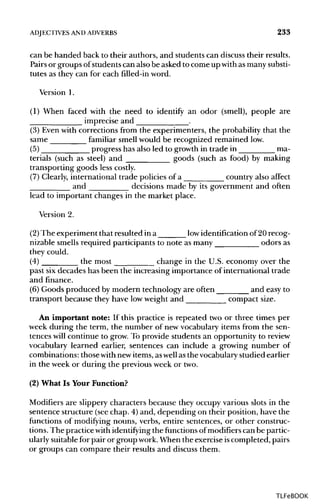 ADJECTIVES ANDADVERBS 233
can be handed back to their authors, and students can discusstheir results.
Pairs or groups ofstudents can alsobe asked to come up withas manysubsti-
tutes as they can for each filled-in word.
Version 1.
(1) When faced with the need to identify an odor (smell), people are
imprecise and .
(3) Evenwith corrections from the experimenters, the probabilitythat the
same familiar smell would be recognized remained low.
(5) progress has also led to growth in trade in ma-
terials (such as steel) and goods (such as food) by making
transporting goods less costly.
(7) Clearly, international trade policies of a country also affect
and decisions made by its government and often
lead to important changes in the market place.
Version 2.
(2) The experiment that resulted in a lowidentification of 20 recog-
nizable smellsrequired participants to note as many odors as
they could.
(4) the most change in the U.S. economy over the
past sixdecades has been the increasing importance of international trade
and finance.
(6) Goods produced by modern technology are often and easy to
transport because they have lowweight and compact size.
An important note: If this practice is repeated two or three times per
week during the term, the number of new vocabularyitems from the sen-
tences will continue to grow. To provide students an opportunity to review
vocabulary learned earlier, sentences can include a growing number of
combinations: those with newitems,aswell as the vocabularystudied earlier
in the week or during the previous week or two.
(2) What Is Your Function?
Modifiers are slippery characters because they occupy various slots in the
sentence structure (see chap. 4) and, depending on their position, have the
functions of modifying nouns, verbs, entire sentences, or other construc-
tions. The practice with identifying the functions ofmodifiers can be partic-
ularly suitablefor pair or group work.When the exercise iscompleted, pairs
or groups can compare their results and discuss them.
TLFeBOOK
 