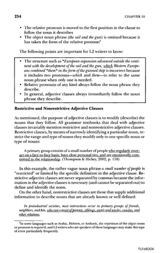 254 CHAPTER10
• The relative pronoun ismoved to the first position in the clause to
follow the noun it describes
• The object noun phrase (the sail and thegun) is omitted because it
has taken the form of the relative pronoun2
The following points are important for L2 writers to know:
• The structure such as *European expansion advanced outside theconti-
nent with the development of the sail and the gun, which Western Europe-
ans combined *them* in theform of the gunned ship is incorrect because
it includes two pronouns—which and them—to refer to the same
noun phrase when only one is needed.
• Relative pronouns of any kind always follow the noun phrase they
describe.
• In general, adjective clauses always immediately follow the noun
phrase they describe.
Restrictive and Nonrestrictive Adjective Clauses
As mentioned, the purpose of adjective clauses is to modify (describe) the
nouns that they follow. All grammar textbooks that deal with adjective
clauses invariably mention restrictive and nonrestrictive adjectiveclauses.
Restrictive clauses, bymeans of narrowly identifying a particular noun, re-
strict the range and type of nouns they modify only to one specific noun or
type of nouns:
A primary group consists of a small number of people who regularly inter-
act on a face-to-face basis, have close personal ties, and are emotionally com-
mitted to the relationship. (Thompson & Hickey, 2002, p. 158)
In this example, the rather vague noun phrase a small number of people is
"restricted" or limited by the specific definition in the adjective clause. Re-
strictive adjectiveclauses are never separated bycommasbecause the infor-
mation in the adjectiveclauses isnecessary (and cannot be separated out) to
define and identify the noun.
On the other hand, nonrestrictive clausesare those that supply additional
information to describe nouns that are already known or well defined:
In preindustrial societies, most interactions occur in primary groups of friends,
neighbors, and kin, who can consist of parents, siblings,aunts and uncles, cousins,and
other relations.
2
In some languages such as Arabic,Hebrew, or Amharic, the repetition of the object noun
or pronoun isrequired, and L2writerswho are speakersof these languages may makethistype
of error particularlyfrequently.
TLFeBOOK
 