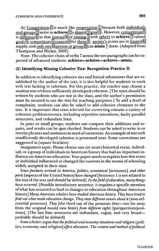 COHESION ANDCOHERENCE 305
(b) Competition |5l is much like cooperation I]because both individuals
and groupsJ2l strive to achieve[7|a shared j[ goaljs). However, competitionIs]
is different |6|in that instead [ojof joining I with others to achieve[7] valued
goals[3J competitors [5|contestjsl for them 3j: society's prizes are in limited[6|
supply, and only onelHperson or group[2]can attain 7 them. (Adapted from
Thompson and Hickey, 2002).
Note: The cohesivechain ofverbs 7 across the twoparagraphs can be ex-
pected of advanced students: achieve—achieve—achieve—attain.
(2) Identifying Missing Cohesive Ties: Recognition Practice II
In addition to identifying cohesive ties and lexical substations that are es-
tablished by the author of the text, it is also helpful for students to work
with text lacking in cohesion. For this practice, the teacher may choose a
student text withoutsufficiently developed cohesion. [The texts should be
written by students who are not in the class, and the author's permission
must be secured to use the text for teaching purposes.] To add a level of
complexity, students can also be asked to add cohesive elements to the
text. It is important that texts selected for correcting contain a varietyof
cohesion problems/errors, including repetitive transitions, faulty parallel
structures, and redundant lexis.
In pairs or small groups, students can compare their additions and re-
pairs, and results can be spot checked. Students can be asked to write in or
rewrite phrases and sentences in need ofcorrection. An example of textwith
insufficiently developed cohesion is presented next. Some corrections are
suggested in [square brackets].
Assignment topic: Please choose one (or more) historical event,individ-
ual, or a group of individuals in American history that had an important in-
fluence on American education. Your paper needs to explain how this event
or individual influenced or changed the currents in the norms of schooling
widely accepted in their time.
Since puritansarrived in America, politics, economical [economy], and other
parts [aspects of the United States]have changed [Sentence 1is not related to
the rest of the text and should be deleted].In thefieldof education, many things
have occurred. [Possibleintroductory sentence: it requires a specific mention
of what has occurred to lead to changes in education throughout American
history]Many American scholars have studied American history. They have tried to
find out what made education change. They state different causes about it [non-ref-
erential pronoun]. They [the third use of the pronoun they—too far away
from the original noun] view history from different sights [perspectives/posi-
tions]. [The last four sentences are redundant, vague, and very broad—
probably should be deleted]
Some scholars argue that thepolitical and economy situations and religion [poli-
tics, economy, and religion] affect education. The content and method of political
TLFeBOOK
 