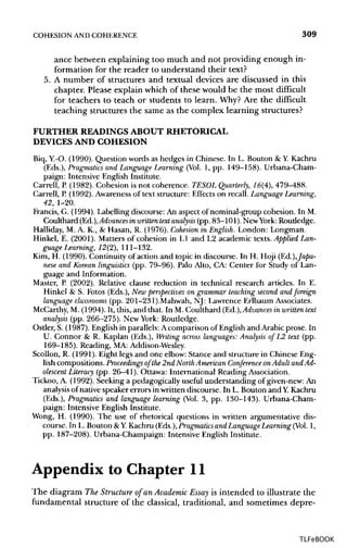COHESION ANDCOHERENCE 309
ance between explaining too much and not providing enough in-
formation for the reader to understand their text?
5. A number of structures and textual devices are discussed in this
chapter. Please explain which of these would be the most difficult
for teachers to teach or students to learn. Why?Are the difficult
teaching structures the same as the complex learning structures?
FURTHER READINGSABOUTRHETORICAL
DEVICES AND COHESION
Biq, Y.-O. (1990). Question words as hedges in Chinese. In L. Bouton & Y.Kachru
(Eds.), Pragmatics and Language Learning (Vol. 1, pp. 149-158). Urbana-Cham-
paign: Intensive English Institute.
Carrell, P.(1982). Cohesion is not coherence. TESOL Quarterly, 16(4), 479-488.
Carrell, P.(1992). Awareness of text structure: Effects on recall. Language learning,
42, 1-20.
Francis, G. (1994). Labelling discourse: An aspect of nominal-group cohesion. In M.
Coulthard (Ed.),Advances in written text analysis (pp. 83-101). New York:Routledge.
Halliday, M. A. K., &: Hasan, R. (1976). Cohesion in English. London: Longman.
Hinkel, E. (2001). Matters of cohesion in LI and L2 academic texts. Applied Lan-
guage learning, 12(2), 111-132.
Kim, H. (1990). Continuity of action and topic in discourse. In H. Hoji (Ed.), Japa-
nese and Korean linguistics (pp. 79-96). Palo Alto, CA: Center for Study of Lan-
guage and Information.
Master, P. (2002). Relative clause reduction in technical research articles. In E.
Hinkel & S. Fotos (Eds.), New perspectives on grammar teachingsecond and foreign
language classrooms (pp. 201-231).Mahwah, NJ: Lawrence Erlbaum Associates.
McCarthy, M. (1994). It, this, and that. In M. Coulthard (Ed.), Advances in writtentext
analysis (pp. 266-275). New York: Routledge.
Ostler, S. (1987). English in parallels: Acomparison of English and Arabic prose. In
U. Connor & R. Kaplan (Eds.), Writing across languages:Analysis of L2 text (pp.
169-185). Reading, MA:Addison-Wesley.
Scollon, R. (1991). Eight legs and one elbow: Stance and structure in Chinese Eng-
lish compositions. Proceedings of the 2nd NorthAmerican Conference on Adult and Ad-
olescent Literacy (pp. 26-41). Ottawa: International Reading Association.
Tickoo, A. (1992). Seeking a pedagogically useful understanding of given-new: An
analysis of native speaker errors in written discourse. In L. Bouton and Y.Kachru
(Eds.), Pragmatics and language learning (Vol. 3, pp. 130-143). Urbana-Cham-
paign: Intensive English Institute.
Wong, H. (1990). The use of rhetorical questions in written argumentative dis-
course. In L. Bouton &Y.Kachru (Eds.), Pragmatics and Language Learning (Vol. 1,
pp. 187-208). Urbana-Champaign: Intensive English Institute.
Appendix to Chapter 11
The diagram The Structure of an Academic Essay is intended to illustrate the
fundamental structure of the classical, traditional, and sometimes depre-
TLFeBOOK
 