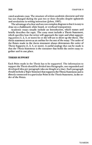 310 CHAPTER 11
cated academic essay. The structure ofwritten academic discourse and text
has not changed during the past two or three decades despite upheavals
and revolutions in writing instruction (Johns, 1997).
The advantageof a clear and not-too-complex diagram isthat it iseasy to
draw on a chalkboard, white board, or overhead transparency.
Academic essays usually include an Introduction, which names and
briefly describes the topic. The essay must include a Thesis Statement,
which specifies how the writer will approach the topic and what support-
ing points (1, 2, 3, or more) he or she will use to shore up the thesis. The
thesis statement serves as an outline for the rest of the essay: The order of
the Points made in the thesis statement always determines the order of
Thesis Supports (1, 2, 3, or more). A useful analogy that can be made is
that the Thesis Statement is the container that holds the entire essay to-
gether and in one place.
THESIS SUPPORT
Each Point made in the Thesis has to be supported. The informationto
support the Thesis should be divided into Paragraphs, one expanded and
developed idea per paragraph (aka onethought at a time}. Each paragraph
should include aTopic Sentence that supports the Thesis Statement and is
directly connected to a particular Point in the Thesis Statement, in the or-
der of the Points.
TLFeBOOK
 
