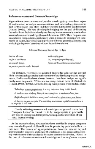 HEDGING IN ACADEMIC TEXT IN ENGLISH 325
References to Assumed Common Knowledge
Vague references to common and popular knowledge (e.g., asweknow, aspeo-
ple say) function as hedges in conversational and informal registers, and in
part for this reason they often find their wayinto L2 students' academic text
(Hinkel, 2002a). This type of colloquial hedging has the goal of distancing
the writer from the information byattributing it to an external source such as
assumed common knowledge (Brown&Levinson, 1987).Their frequent uses
in academic compositions, particularly when it comes to unsupported state-
ments or claims, may create an impression of broad generalization making
and a high degree of certainty without factual foundation.
Informal Common Knowledge Hedges
(as) we all know as the saying goes
asfar as we/I know (as) everyone/people/they say(s)
as is (well) known from what I hear/know/see/understand
as you/everyone/the reader know(s)
For instance, references to assumed knowledge and sayings are not
likely towarrant high praise in the context of academic papers and assign-
ments. Earlier studies have shown, however, that these hedges are signifi-
cantly more frequent in NNS academic essaysthan in those of NS students
(Hinkel, 1996b, 2002a).Allthe following examples are from student texts:
Technology, as mostpeople know, is a very important thing in this decade.
As readers know, studying history is necessary for us to understand our past.
People alwaysseek happiness, money,and excitement, as of course everyone knows.
As they say, nopain, no gain. When deciding how toinvest capital, investors have to
be prepared to take risks.
Usually, referring to common knowledge and general truths that
"everyone knows," is considered to be inappropriate in practically
any type of student academic prose, with a possible exception of per-
sonaljournal writing.
As the examples show, advanced students enrolled in degree programs
may have the linguistic skills sufficient for producing grammatically accu-
rate text. The issues of appropriateness, however, extend beyond
grammaticality concerns and deal withwhat isand isnot acceptable accord-
ing to the norms of the academic discourse community (Swales, 1990a). In
the case of references to common knowledge such as as of course everyone
TLFeBOOK
 
