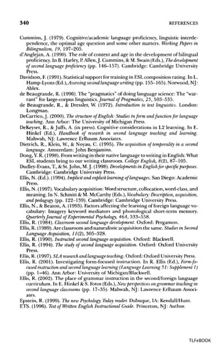340 REFERENCES
Cummins, J. (1979). Cognitive/academic language proficiency, linguistic interde-
pendence, the optimal age question and some other matters. Working Papers in
Bilingualism, 19, 197-205.
d'Anglejan, A. (1990). The role of context and age in the development of bilingual
proficiency. In B. Harley, P. Allen,J. Cummins, &M. Swain (Eds.), The development
of second language proficiency (pp. 146-157). Cambridge: Cambridge University
Press.
Davidson, F.(1991). Statisticalsupport for training in ESL composition rating. In L.
Hamp-Lyons (Ed.), Assessing second language writing (pp. 155-165). Norwood, NJ:
Ablex.
de Beaugrande, R. (1996). The "pragmatics" of doing language science: The "war-
rant" for large-corpus linguistics.Journal of Pragmatics, 25, 503-535.
de Beaugrande, R., & Dressier, W. (1972). Introduction to text linguistics. London:
Longman.
DeCarrico, J. (2000). The structure of English: Studies inform andfunction for language
teaching. Ann Arbor: The Universityof Michigan Press.
DeKeyser, R., &Juffs, A. (in press). Cognitive considerations in L2 learning. In E.
Hinkel (Ed.), Handbook of research in second language teaching and learning.
Mahwah, NJ: Lawrence Erlbaum Associates.
Dietrich, R., Klein, W, & Noyau, C. (1995). The acquisition of temporality in a second
language. Amsterdam: John Benjamins.
Dong, Y. R. (1998). From writing in their native language to writing in English:What
ESL students bring to our writing classroom. College English,8(2), 87-105.
Dudley-Evans, T, &St.John, M. J. (1998). Developments in Englishfor specific purposes.
Cambridge: Cambridge University Press.
Ellis, N. (Ed.). (1994). Implicit and explicit learning of languages. San Diego: Academic
Press.
Ellis, N. (1997). Vocabularyacquisition: Word structure, collocation, word-class, and
meaning. In N. Schmitt & M. McCarthy (Eds.), Vocabulary: Description, acquisition,
and pedagogy (pp. 122-139). Cambridge: Cambridge University Press.
Ellis, N., & Beaton, A. (1993). Factors affecting the learning of foreign language vo-
cabulary: Imagery keyword mediators and phonological short-term memory.
Quarterly Journal of Experimental Psychology, 46A, 533-558.
Ellis, R. (1984). Classroom second language development. Oxford: Pergamon.
Ellis, R. (1989). Are classroom and naturalistic acquisition the same. Studies in Second
Language Acquisition, 11(2), 305-328.
Ellis, R. (1990). Instructed second language acquisition. Oxford: Blackwell.
Ellis, R. (1994). The study of second language acquisition. Oxford: Oxford University
Press.
Ellis, R. (1997). SLA research and language teaching. Oxford: Oxford UniversityPress.
Ellis, R. (2001). Investigating form-focused instruction. In R. Ellis (Ed.), Form-fo-
cused instruction and second language learning (Language Learning51: Supplement 1)
(pp. 1-46). Ann Arbor: University of Michigan/Blackwell.
Ellis, R. (2002). The place of grammar instruction in the second/foreign language
curriculum. In E. Hinkel & S. Fotos (Eds.), New perspectives ongrammar teaching in
second language classrooms (pp. 17-35). Mahwah, NJ: Lawrence Erlbaum Associ-
ates.
Epstein, R. (1999). The new Psychology Today reader. Dubuque, IA: Kendall/Hunt.
ETS. (1996). Test of Written English Instructional Guide. Princeton, NJ: Author.
TLFeBOOK
 
