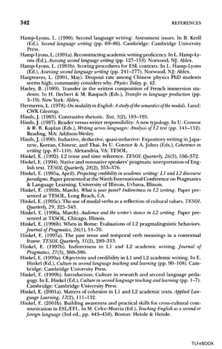 342 REFERENCES
Hamp-Lyons, L. (1990). Second language writing: Assessment issues. In B. Kroll
(Ed.), Second language writing (pp. 69-86). Cambridge: Cambridge University
Press.
Hamp-Lyons, L. (1991a). Reconstructing academicwriting proficiency. In L. Hamp-Ly-
ons (Ed.), Assessing second language uniting (pp. 127-153). Norwood, NJ: Ablex.
Hamp-Lyons, L. (1991b). Scoring procedures for ESL contexts. In L. Hamp-Lyons
(Ed.), Assessing second language writing (pp. 241-277). Norwood, NJ: Ablex.
Hargreaves, L. (2001, May). Dropout rate among Chinese physics PhD students
seems high; community considers why.Physics Today, p. 42.
Harley, B. (1989). Transfer in the written composition of French immersion stu-
dents. In H. Dechert & M. Raupach (Eds.), Transfer in language production (pp.
3-19). New York: Ablex.
Hermeren, L. (1978). Onmodality in English:Astudy ofthe semantics ofthe modals. Lund:
CWK Gleerup.
Hinds, J. (1983). Contrastive rhetoric. Text, 3(2), 183-195.
Hinds, J. (1987). Reader versus writer responsibility: A new typology. In U. Connor
& R. B. Kaplan (Eds.), Writing across languages: Analysis ofL2 text (pp. 141-152).
Reading, MA: Addison-Wesley.
Hinds,J. (1990). Inductive, deductive, quasi-inductive: Expository writing inJapa-
nese, Korean, Chinese, and Thai. In U. Connor & A.Johns (Eds.), Coherence in
writing (pp. 87-110). Alexandria, VA: TESOL.
Hinkel, E. (1992). L2 tense and time reference. TESOL Quarterly, 26(3), 556-572.
Hinkel, E. (1994). Native and nonnative speakers' pragmatic interpretation of Eng-
lish text. TESOL Quarterly, 28(2), 353-376.
Hinkel, E. (1995a, April). Projecting credibility in academic writing: LI and L2 discourse
paradigms. Paper presented at the Ninth International Conference on Pragmatics
& Language Learning, Universityof Illinois, Urbana, Illinois.
Hinkel, E. (1995b, March). What isyourpoint? Indirectness in L2 writing. Paper pre-
sented at TESOL, Long Beach, CA.
Hinkel, E. (1995c). The use of modal verbs as a reflection of cultural values. TESOL
Quarterly, 29, 325-343.
Hinkel, E. (1996a, March). Audience and the writer's stance in L2 writing. Paper pre-
sented at TESOL, Chicago, Illinois.
Hinkel, E. (1996b). When in Rome: Evaluations of L2 pragmalinguistic behaviors.
Journal of Pragmatics, 26(1), 51-70.
Hinkel, E. (1997a). The past tense and temporal verb meanings in a contextual
frame. TESOL Quarterly, 31(2), 289-313.
Hinkel, E. (1997b). Indirectness in LI and L2 academic writing. Journal of
Pragmatics, 27(3), 360-386.
Hinkel, E. (1999a). Objectivityand credibility in LI and L2 academic writing. In E.
Hinkel (Ed.), Culture in second language teaching and learning (pp. 90-108). Cam-
bridge: Cambridge University Press.
Hinkel, E. (1999b). Introduction: Culture in research and second language peda-
gogy. In E. Hinkel (Ed.), Culture in second language teaching and learning (pp. 1-7).
Cambridge: Cambridge University Press.
Hinkel, E. (2001a). Matters of cohesion in LI and L2 academic texts. Applied Lan-
guage Learning, 12(2), 111-132.
Hinkel, E. (200Ib). Building awareness and practical skills for cross-cultural com-
munication in ESL/EFL. In M. Celce-Murcia (Ed.), Teaching Englishas a second or
foreign language (3rd ed., pp. 443-458). Boston: Heinle & Heinle.
TLFeBOOK
 