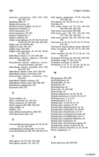360 SUBJECT INDEX
Sentence transitions, 239, 279, 292,
295-297, 301
Speaking skills, 54
Spoken interaction, 14
Standard written English, 19, 20, 21
Statements of belief, 11,
Stock expressions, 313
Stock expressions, 39, 313
Student assignments, 11
Stylistic variation, 69
Subject noun (phrase), 65, 67-69, 79, 80, 83,
79-80, 82, 97, 194, 252, 263-264
Subject slot, 65, 66-69, 264
Subjective tone, 189, 191
Subject-topic, 281-285
Subject-verb agreement, 45, 50, 69, 78-80,
85, 146, 147
Subordinate clauses, 15, 150, 239, 243
Subordinate clauses, adjective, 242-243,
252-258, 267
Subordinate clauses, adjective, restric-
tive/nonrestrictive, 254-255
Subordinate clauses, adverbial, 241, 242,
244-252, 267
Subordinate clauses, cause, 245, 246-252
Subordinate clauses, concession, 250
Subordinate clauses, condition, 245,
246-252
Subordinate clauses, contrast, 245
Subordinate clauses, time, 245, 246-252
Subordinate conjunctions, 251
Synonyms, 200, 279
T
Tense auxiliary, 76
There, existential, 52, 133-134
Thesis statement, 61, 229-230
Thesis support, 297-299, 310-312
Time marker, 76
TOEFL, 179
Topic delimiters/classifiers, 228-229
Two-/three-word verbs, 183
U
Uncountable/noncount nouns, 45, 50, 54, 58,
67,95, 105-107
Undergraduate writing tasks, 18, 19, 20
University Word List, 100, 107-108,213,214
Verb aspects, progressive, 77-78, 154-156,
159-160, 225
Verb phrases, 65, 76-79, 83, 85, 144
Verb slots, 65
Verb tenses, future, 52, 76, 144, 150-152,
169, 264-265, 320-322
Verb tenses, noun clause 264-266
Verb tenses, past, 143, 144, 147-150, 156,
157, 158, 159, 169, 264
Verb tenses, present, 40, 143, 144-147, 149,
169
Verb tenses, xi, 48, 52, 54, 63, 76, 77-79, 85,
143-144
Verb tenses, time/condition clause, 248-249
Verbs, intransitive, 68, 70, 72-73, 167-168,
184
Verbs, transitive, 65, 68, 73-75, 82, 85, 112,
163, 184
Vocabulary learning, 56, 104-105, 180-202
Vocabulary range, 13, 99, 113, 171
Vocabulary teaching, 13, 96-99
Vocabulary, ix, 8, 11, 13, 14, 19, 19, 20, 21,
41-43, 44, 45, 96-99, 129
w
Wh-questions, 261-263
Word definitions, 44
Word families, 41-43
Word forms, 48
Word functions, 44
Word order, 51,250-260
Word strings, 39
Writing assignments, 18, 26, 59, 96
Writing instruction, 6, 24-25, 35, 46, 47
Writing process, 5, 6, 9, 25
Writing product, 5, 6, 9
Writing tasks, 18, 20-23, 27, 59
Writing tasks, Analysis,27, 29
Writing tasks, Argumentation, 27, 30
Writing tasks, Cause/effect, 27, 28-29
Writing tasks, Classification,27, 29
Writing tasks, Comparison/contrast, 29
Writing tasks, Exemplification,28, 31
Writing tasks, Expanded definition, 28
Writing tasks, Exposition, 27
Writing tasks, Narration/description, 28
Writing tasks, Process analysis 28, 30
Written academic discourse, ix, 23, 40, 90
Written arguments, 11
V
Verb aspects, 52, 78, 143, 152-160,
Verb aspects, perfect, 78, 156-157
Y
Yes/no questions, 80, 262-263
TLFeBOOK
 