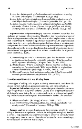 30 CHAPTER2
1. How does the bourgeoisie gradually undermine its own existence according
to Marx? (Philosophy) (Schoedinger, 2000, p. 215)
2. How do the elasticities of supply and demand affect the deadweight loss of a
tax ?Why do they have thiseffect ?(Economics) (Mankiw, 2001, p. 176)
3. If class, race,and gender arepositions within socialstructures,we shouldbe
able to describe them in terms of power, prestige, privileges, role, identity,
and perspective. Can you do this? (Sociology) (Charon, 1999, p. 86)
Argumentation assignments largely represent a form of exposition that
includes an element of persuasion. Therefore, the rhetorical purpose of
these writing tasks extends beyond the presentation, explanation, or discus-
sion to convince the reader of a particular point of view. In argumentation
tasks, the writersare required to recognize that issueshave at least twosides
and present the facts or information to develop a reasoned and logical con-
clusion based on the presented evidence. In practicallyallassignments, pre-
sentations of unsupported assertions are not considered to be argument-
ation (Hale et al., 1996).
1. Human beings are social to their very core. How does the material covered
in Chapter xxx/this termsofar support this proposition? What doyou think
of this argument? (Sociology) (Adapted from Charon, 1999)
2. What isfreedom? What is individuality? To what extent do you think hu-
man beingsarefree or individuals ? What doyou think is the origin of free-
dom and individuality? (Sociology) (Charon, 1999, p. 148)
3. Why would removing trade restrictions, such as a tariff, lead to more rapid
economic growth? (Economics) (Mankiw, 2001, p. 262)
Less Common Rhetorical and Writing Tasks
Three types of writingtasks appear markedly less common than those dis-
cussed earlier: definition, process description, and exemplification.
Expanded definition assignments consist of explanations of exact mean-
ings or significanceof a phrase or term. Usuallythese assignments consistof
defining the term, listing the concept towhich the term belongs, and specify-
ing the attributes that distinguish it from others in its class. For example:
1. What is social order? (Sociology)(Charon, 1999, p. 147)
2. Explain the meaning of nominal interest rate and real interest rate. How
are they related? (Economics) (Mankiw, 2001, p. 237)
Process analysis involvesdirections on how someone should do some-
thing or howsomething should be done, including chronological details in
a series of steps/operations/ actions necessary to achieve a particular result
or happening. In most cases, a discussion of reasons for the steps and nega-
tive directions are needed. For example,
TLFeBOOK
 