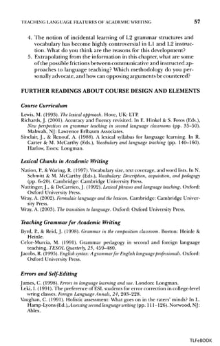 TEACHING LANGUAGE FEATURES OF ACADEMIC WRITING 57
4. The notion of incidental learning of L2 grammar structures and
vocabulary has become highly controversial in LI and L2 instruc-
tion. What do you think are the reasons for this development?
5. Extrapolating from the information in this chapter, what are some
of the possible frictionsbetween communicative and instructed ap-
proaches to language teaching? Which methodology do you per-
sonally advocate, and howcan opposing arguments be countered?
FURTHER READINGS ABOUT COURSE DESIGN AND ELEMENTS
Course Curriculum
Lewis, M. (1993). The lexical approach. Hove, UK: LTP.
Richards, J. (2001). Accuracy and fluency revisited. In E. Hinkel & S. Fotos (Eds.),
New perspectives on grammar teaching in second language classrooms (pp. 35-50).
Mahwah, NJ: Lawrence Erlbaum Associates.
Sinclair, J., & Renouf, A. (1988). A lexical syllabus for language learning. In R.
Carter & M. McCarthy (Eds.), Vocabulary and language teaching (pp. 140-160).
Harlow, Essex: Longman.
Lexical Chunks in Academic Writing
Nation, P.,&Waring, R. (1997). Vocabulary size, text coverage, and word lists. In N.
Schmitt & M. McCarthy (Eds.), Vocabulary: Description, acquisition, and pedagogy
(pp. 6-20). Cambridge: Cambridge University Press.
Nattinger, J., & DeCarrico, J. (1992). Lexical phrases and language teaching. Oxford:
Oxford University Press.
Wray, A. (2002). Formulaiclanguage and the lexicon. Cambridge: Cambridge Univer-
sity Press.
Wray, A. (2003). The transition to language. Oxford: Oxford University Press.
Teaching Grammar for Academic Writing
Byrd, P., & Reid, J. (1998). Grammar in the composition classroom. Boston: Heinle &
Heinle.
Celce-Murcia, M. (1991). Grammar pedagogy in second and foreign language
teaching. TESOL Quarterly, 25, 459-480.
Jacobs, R. (1995). English syntax:A grammarfor English language professionals. Oxford:
Oxford University Press.
Errors and Self-Editing
James, C. (1998). Errors in language learning and use. London: Longman.
Leki, I. (1991). The preference of ESLstudents for error correction in college-level
wring classes. Foreign Language Annals, 24, 203-228.
Vaughan, C. (1991). Holistic assessment: What goes on in the raters' minds? In L.
Hamp-Lyons (Ed.), Assessingsecond language writing (pp. 111-126). Norwood, NJ:
Ablex.
TLFeBOOK
 