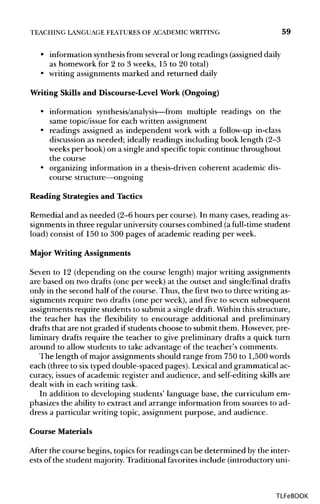 TEACHING LANGUAGE FEATURES OF ACADEMIC WRITING 59
• information synthesisfrom several or long readings (assigned daily
as homework for 2 to 3 weeks, 15 to 20 total)
• writing assignments marked and returned daily
Writing Skills and Discourse-Level Work (Ongoing)
• information synthesis/analysis—from multiple readings on the
same topic/issue for each written assignment
• readings assigned as independent work with a follow-up in-class
discussion as needed; ideally readings including book length (2-3
weeks per book) on a single and specific topic continue throughout
the course
• organizing information in a thesis-driven coherent academic dis-
course structure—ongoing
Reading Strategies and Tactics
Remedial and as needed (2-6 hours per course). In many cases, reading as-
signments in three regular universitycourses combined (afull-time student
load) consist of 150 to 300 pages of academic reading per week.
Major Writing Assignments
Seven to 12 (depending on the course length) major writing assignments
are based on two drafts (one per week) at the outset and single/final drafts
only in the second half of the course. Thus, the first twoto three writingas-
signments require two drafts (one per week), and five to seven subsequent
assignments require students to submit a single draft. Within this structure,
the teacher has the flexibility to encourage additional and preliminary
drafts that are not graded if students choose to submit them. However, pre-
liminary drafts require the teacher to give preliminary drafts a quick turn
around to allow students to take advantage of the teacher's comments.
The length of major assignments should range from 750 to 1,500 words
each (three to six typed double-spaced pages). Lexical and grammatical ac-
curacy, issues of academic register and audience, and self-editing skills are
dealt with in each writing task.
In addition to developing students' language base, the curriculum em-
phasizes the ability to extract and arrange information from sources to ad-
dress a particular writing topic, assignment purpose, and audience.
Course Materials
After the course begins, topics for readings can be determined by the inter-
ests of the student majority.Traditional favoritesinclude (introductory uni-
TLFeBOOK
 