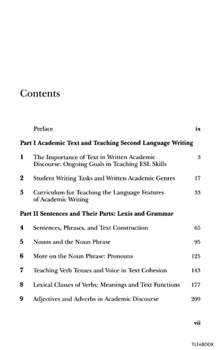 Contents
Preface ix
Part I Academic Text and Teaching Second Language Writing
1 The Importance of Text in WrittenAcademic 3
Discourse: Ongoing Goals in Teaching ESL Skills
2 Student WritingTasks and WrittenAcademic Genres 17
3 Curriculum for Teaching the Language Features 33
of AcademicWriting
Part II Sentences and Their Parts: Lexis and Grammar
4 Sentences, Phrases, and Text Construction 65
5 Nouns and the Noun Phrase 95
6 More on the Noun Phrase: Pronouns 125
7 Teaching Verb Tenses and Voice in Text Cohesion 143
8 Lexical Classesof Verbs: Meanings and Text Functions 177
9 Adjectives and Adverbs in Academic Discourse 209
vii
TLFeBOOK
 