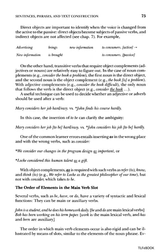 SENTENCES, PHRASES, ANDTEXT CONSTRUCTION 75
Direct objects are important to identify when the voice is changed from
the active to the passive: direct objects become subjectsofpassiveverbs, and
indirect objects are not affected (see chap. 7). For example,
Advertising brings new information to consumers, [active] ->
New information is brought to consumers, [passive]
On the other hand, transitive verbs that require object complements (ad-
jectives or nouns) are relatively easy to figure out. In the case of noun com-
plements (e.g., consider thebook aproblem), the first noun is the direct object,
and the second noun is the object complement (e.g., thebook [is] a problem).
With adjective complements (e.g., consider the book difficult), the only noun
that follows the verb is the direct object (e.g., consider the book ...).
A useful technique can be used to decide whether an adjective or adverb
should be used after a verb:
Mary considers herjob hard/easy, vs. *John finds his course hardly.
In this case, the insertion of to becan clarify the ambiguity:
Mary considers her job [to be] hard/easy, vs. *John considers hisjob [to be] hardly.
One ofthe common learner errors entails inserting a*in the wrong place
and with the wrong verbs, such as consider:
*We consider our changes in the program design as_important, or
*Locke considered this human talent as_a gift.
With object complements, as is required with such verbs as refer (to), know,
and think (to)(e.g., We refer to Locke as the greatest philosopher of our time], but
not with consider, which takes tobe.
The Order of Elements in the Main Verb Slot
Several verbs, such as be,have, or do, have a variety of syntactic and lexical
functions: They can be main or auxiliary verbs.
John isastudent, and hedoes hishomework daily, [beand doare main lexicalverbs]
Bob has been working on his termpaper, [work is the main lexical verb, and has
and been are auxiliary]
The order in which main verb elements occur is also rigid and can be il-
lustrated by means of slots, similar to the elements of the noun phrase.Ev-
TLFeBOOK
 