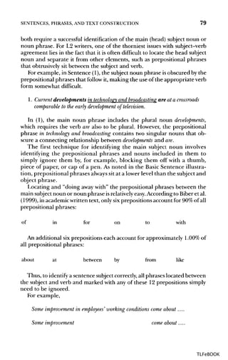 SENTENCES, PHRASES, ANDTEXT CONSTRUCTION 79
both require a successful identification of the main (head) subject noun or
noun phrase. For L2 writers, one of the thorniest issues with subject-verb
agreement lies in the fact that it is often difficult to locate the head subject
noun and separate it from other elements, such as prepositional phrases
that obtrusively sit between the subject and verb.
For example, in Sentence (1),the subject noun phrase isobscured by the
prepositional phrases that follow it, making the use of the appropriate verb
form somewhat difficult.
1. Current developments in technology and broadcasting are at acrossroads
comparable to the early development of television.
In (1), the main noun phrase includes the plural noun developments,
which requires the verb are also to be plural. However, the prepositional
phrase in technology and broadcasting contains two singular nouns that ob-
scure a connecting relationship between developments and are.
The first technique for identifying the main subject noun involves
identifying the prepositional phrases and nouns included in them to
simply ignore them by, for example, blocking them off with a thumb,
piece of paper, or cap of a pen. As noted in the Basic Sentence illustra-
tion, prepositional phrases always sit at a lower level than the subject and
object phrase.
Locating and "doing away with" the prepositional phrases between the
main subjectnoun or noun phrase isrelativelyeasy.According to Biber et al.
(1999), in academic written text, only sixprepositions account for 90%ofall
prepositional phrases:
of in for on to with
An additional six prepositions each account for approximately 1.00%of
all prepositional phrases:
about at between by from like
Thus, to identify a sentence subjectcorrectly, all phrases located between
the subject and verb and marked with any of these 12 prepositions simply
need to be ignored.
For example,
Some improvement in employees' working conditions come about....
Some improvement come about....
TLFeBOOK
 