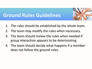 1. The rules should be established by the whole team.
2. The team may modify the rules when necessary.
3. The team should review the rules when needed if
group interaction appears to be deteriorating.
4. The team should decide what happens if a member
does not follow the ground rules.
Ground Rules Guidelines
 