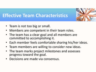 • Team is not too big or small.
• Members are competent in their team roles.
• The team has a clear goal and all members are
committed to accomplishing it.
• Each member feels comfortable sharing his/her ideas.
• Team members are willing to consider new ideas.
• The team marks project milestones and assesses
progress toward the goal.
• Decisions are made via consensus.
Effective Team Characteristics
 