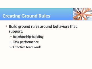 • Build ground rules around behaviors that
support:
– Relationship-building
– Task performance
– Effective teamwork
Creating Ground Rules
 