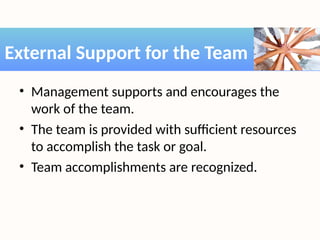 • Management supports and encourages the
work of the team.
• The team is provided with sufficient resources
to accomplish the task or goal.
• Team accomplishments are recognized.
External Support for the Team
 