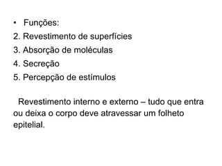 Funções: Revestimento de superfícies Absorção de moléculas Secreção Percepção de estímulos Revestimento interno e externo – tudo que entra ou deixa o corpo deve atravessar um folheto epitelial. 