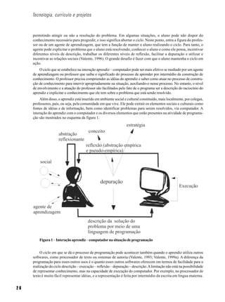 Tecnologia, currículo e projetos



     permitindo atingir ou não a resolução do problema. Em algumas situações, o aluno pode não dispor do
     conhecimento necessário para progredir, e isso significa abortar o ciclo. Neste ponto, entra a figura do profes-
     sor ou de um agente de aprendizagem, que tem a função de manter o aluno realizando o ciclo. Para tanto, o
     agente pode explicitar o problema que o aluno está resolvendo, conhecer o aluno e como ele pensa, incentivar
     diferentes níveis de descrição, trabalhar os diferentes níveis de reflexão, facilitar a depuração e utilizar e
     incentivar as relações sociais (Valente, 1996). O grande desafio é fazer com que o aluno mantenha o ciclo em
     ação.
         O ciclo que se estabelece na interação aprendiz – computador pode ser mais efetivo se mediado por um agente
     de aprendizagem ou professor que saiba o significado do processo de aprender por intermédio da construção de
     conhecimento. O professor precisa compreender as idéias do aprendiz e saber como atuar no processo de constru-
     ção de conhecimento para intervir apropriadamente na situação, auxiliando-o nesse processo. No entanto, o nível
     de envolvimento e a atuação do professor são facilitados pelo fato de o programa ser a descrição do raciocínio do
     aprendiz e explicitar o conhecimento que ele tem sobre o problema que está sendo resolvido.
          Além disso, o aprendiz está inserido em ambiente social e cultural constituído, mais localmente, por colegas,
     professores, pais, ou seja, pela comunidade em que vive. Ele pode extrair os elementos sociais e culturais como
     fontes de idéias e de informação, bem como identificar problemas para serem resolvidos, via computador. A
     interação do aprendiz com o computador e os diversos elementos que estão presentes na atividade de programa-
     ção são mostrados no esquema da figura 1.




         Figura 1 – Interação aprendiz – computador na situação de programação


          O ciclo em que se dá o processo de programação pode acontecer também quando o aprendiz utiliza outros
     softwares, como processador de texto ou sistemas de autoria (Valente, 1993; Valente, 1999a). A diferença da
     programação para esses outros usos é o quanto esses outros softwares oferecem em termos de facilidade para a
     realização do ciclo descrição – execução – reflexão – depuração – descrição. A limitação não está na possibilidade
     de representar conhecimento, mas na capacidade de execução do computador. Por exemplo, no processador de
     texto é muito fácil representar idéias, e a representação é feita por intermédio da escrita em língua materna.


26
 