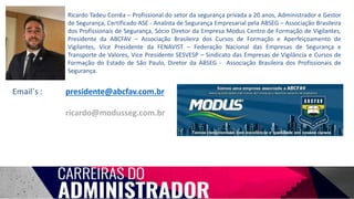 Ricardo Tadeu Corrêa – Profissional do setor da segurança privada a 20 anos, Administrador e Gestor
de Segurança, Certificado ASE - Analista de Segurança Empresarial pela ABSEG – Associação Brasileira
dos Profissionais de Segurança, Sócio Diretor da Empresa Modus Centro de Formação de Vigilantes,
Presidente da ABCFAV – Associação Brasileira dos Cursos de Formação e Aperfeiçoamento de
Vigilantes, Vice Presidente da FENAVIST – Federação Nacional das Empresas de Segurança e
Transporte de Valores, Vice Presidente SESVESP – Sindicato das Empresas de Vigilância e Cursos de
Formação do Estado de São Paulo, Diretor da ABSEG - Associação Brasileira dos Profissionais de
Segurança.
Email´s : presidente@abcfav.com.br
ricardo@modusseg.com.br
 
