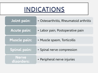 • Osteoarthritis, Rheumatoid arthritis
Joint pain:
• Labor pain, Postoperative pain
Acute pain:
• Muscle spasm, Torticollis
Muscle pain:
• Spinal nerve compression
Spinal pain:
• Peripheral nerve injuries
Nerve
disorders:
 