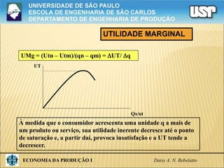 ECONOMIA DA PRODUÇÃO I Daisy A. N. Rebelatto
UTILIDADE MARGINAL
UMg = (Utn – Utm)/(qn – qm) = UT/ q
À medida que o consumidor acrescenta uma unidade q a mais de
um produto ou serviço, sua utilidade inerente decresce até o ponto
de saturação e, a partir daí, provoca insatisfação e a UT tende a
decrescer.
UT
Qx/ut
 
