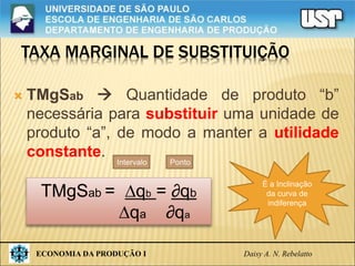 ECONOMIA DA PRODUÇÃO I Daisy A. N. Rebelatto
TAXA MARGINAL DE SUBSTITUIÇÃO
 TMgSab  Quantidade de produto “b”
necessária para substituir uma unidade de
produto “a”, de modo a manter a utilidade
constante.
TMgSab = qb = ∂qb
qa ∂qa
É a Inclinação
da curva de
indiferença
Intervalo Ponto
 