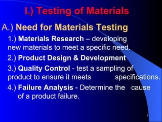 I.)   Testing of Materials ,[object Object],[object Object],[object Object],[object Object],[object Object]
