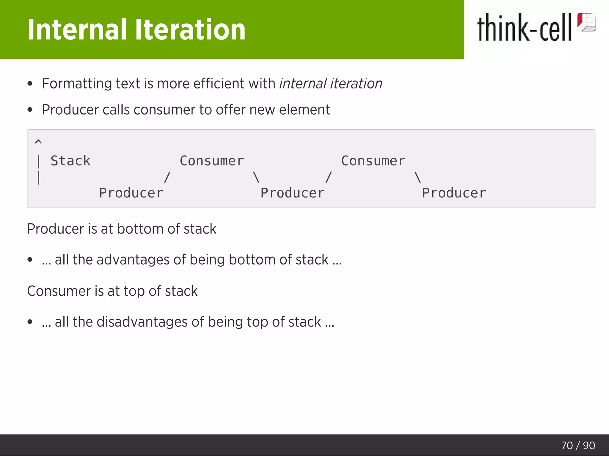 Internal Iteration
Formatting text is more eﬃcient with internal iteration
Producer calls consumer to oﬀer new element
^
| Stack Consumer Consumer
| /  / 
Producer Producer Producer
Producer is at bottom of stack
... all the advantages of being bottom of stack ...
Consumer is at top of stack
... all the disadvantages of being top of stack ...
70 / 90
 