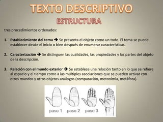 tres procedimientos ordenados:

1. Establecimiento del tema  Se presenta el objeto como un todo. El tema se puede
   establecer desde el inicio o bien después de enumerar características.

2. Caracterización  Se distinguen las cualidades, las propiedades y las partes del objeto
   de la descripción.

3. Relación con el mundo exterior  Se establece una relación tanto en lo que se refiere
   al espacio y el tiempo como a las múltiples asociaciones que se pueden activar con
   otros mundos y otros objetos análogos (comparación, metonimia, metáfora).
 