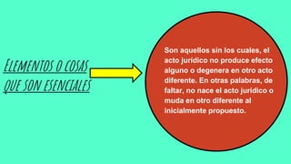 Elementos o cosas
que son esenciales
Son aquellos sin los cuales, el
acto jurídico no produce efecto
alguno o degenera en otro acto
diferente. En otras palabras, de
faltar, no nace el acto jurídico o
muda en otro diferente al
inicialmente propuesto.
 