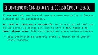 El concepto de Contrato en el Código Civil chileno.
El art 1437 CC, menciona el contrato como una de las 5 fuentes
clásicas de las obligaciones.
Art 1438 CC: Contrato o Convención es un acto por el cual una
de las partes se obliga para con la otra a dar, hacer o no
hacer alguna cosa. Cada parte puede ser una o muchas personas.
- Esta Definición de contrato tiene su fuente en el Código
Civil francés.
 