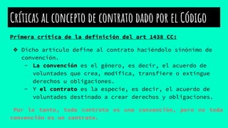 Críticas al concepto de contrato dado por el Código
Primera crítica de la definición del art 1438 CC:
❖ Dicho artículo define al contrato haciéndolo sinónimo de
convención.
- La convención es el género, es decir, el acuerdo de
voluntades que crea, modifica, transfiere o extingue
derechos u obligaciones.
- Y el contrato es la especie, es decir, el acuerdo de
voluntades destinado a crear derechos y obligaciones.
Por lo tanto, todo contrato es una convención, pero no toda
convención es un contrato.
 