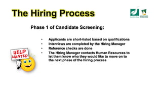 The Hiring Process
Phase 1 of Candidate Screening:
• Applicants are short-listed based on qualifications
• Interviews are completed by the Hiring Manager
• Reference checks are done
• The Hiring Manager contacts Human Resources to
let them know who they would like to move on to
the next phase of the hiring process
 