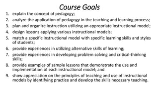 Course Goals
1. explain the concept of pedagogy;
2. analyze the application of pedagogy in the teaching and learning proce...