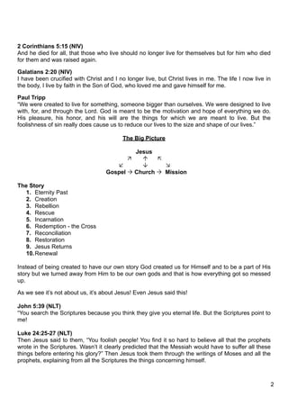 2 Corinthians 5:15 (NIV)
And he died for all, that those who live should no longer live for themselves but for him who died
for them and was raised again.

Galatians 2:20 (NIV)
I have been crucified with Christ and I no longer live, but Christ lives in me. The life I now live in
the body, I live by faith in the Son of God, who loved me and gave himself for me.

Paul Tripp
“We were created to live for something, someone bigger than ourselves. We were designed to live
with, for, and through the Lord. God is meant to be the motivation and hope of everything we do.
His pleasure, his honor, and his will are the things for which we are meant to live. But the
foolishness of sin really does cause us to reduce our lives to the size and shape of our lives.”

                                          The Big Picture

                                            Jesus
                                                 
                                                   
                                   Gospel  Church  Mission

The Story
   1. Eternity Past
   2. Creation
   3. Rebellion
   4. Rescue
   5. Incarnation
   6. Redemption - the Cross
   7. Reconciliation
   8. Restoration
   9. Jesus Returns
   10. Renewal

Instead of being created to have our own story God created us for Himself and to be a part of His
story but we turned away from Him to be our own gods and that is how everything got so messed
up.

As we see it’s not about us, it’s about Jesus! Even Jesus said this!

John 5:39 (NLT)
“You search the Scriptures because you think they give you eternal life. But the Scriptures point to
me!

Luke 24:25-27 (NLT)
Then Jesus said to them, “You foolish people! You find it so hard to believe all that the prophets
wrote in the Scriptures. Wasn’t it clearly predicted that the Messiah would have to suffer all these
things before entering his glory?” Then Jesus took them through the writings of Moses and all the
prophets, explaining from all the Scriptures the things concerning himself.



                                                                                                         2
 