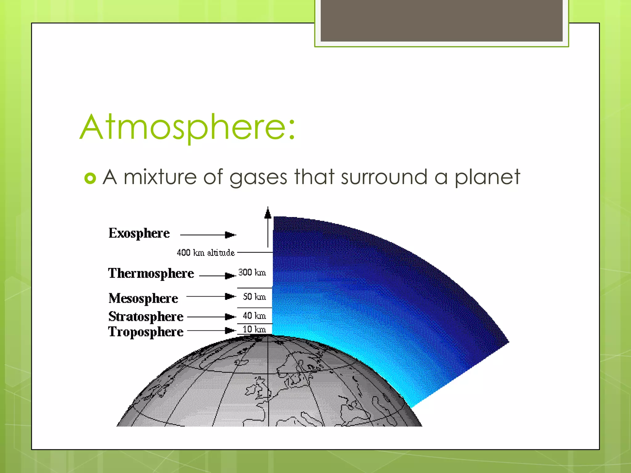Atmosphere:A mixture of gases that surround a planet