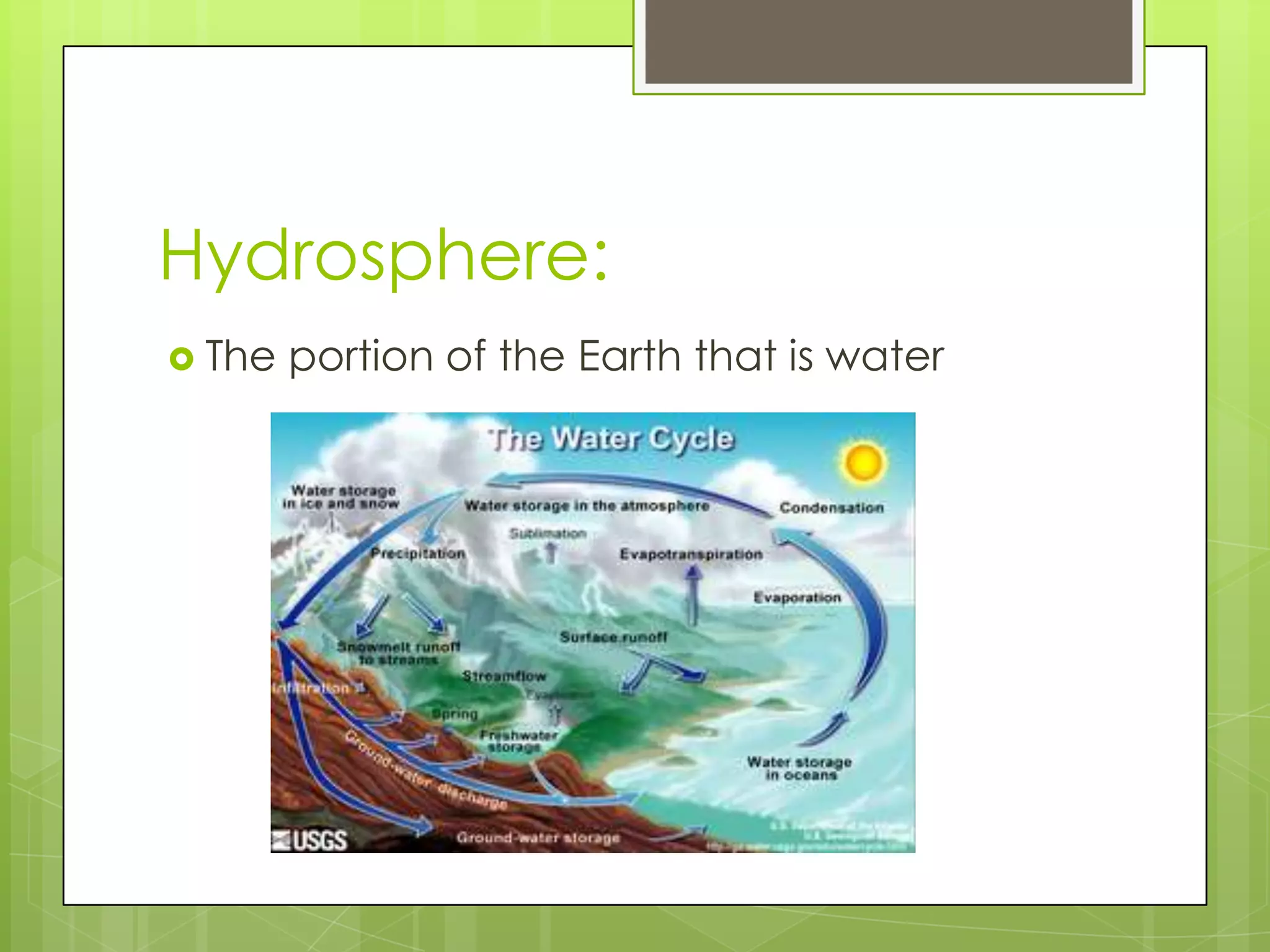 Hydrosphere:The portion of the Earth that is water