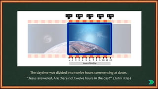 The daytime was divided into twelve hours commencing at dawn.
“Jesus answered, Are there not twelve hours in the day?” (John 11:9a)
 