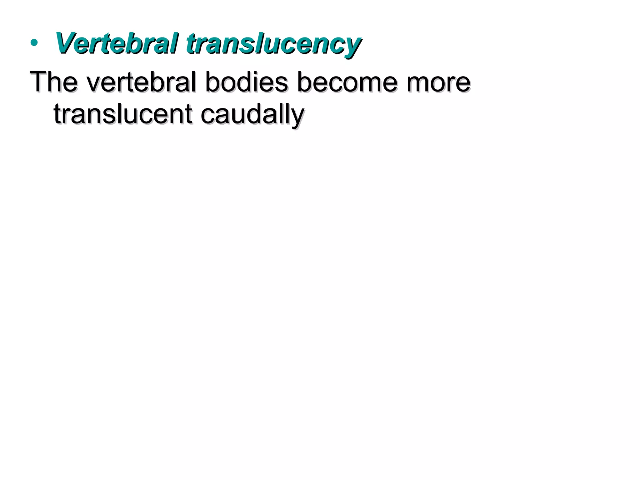 • Vertebral translucency
The vertebral bodies become more
  translucent caudally
 